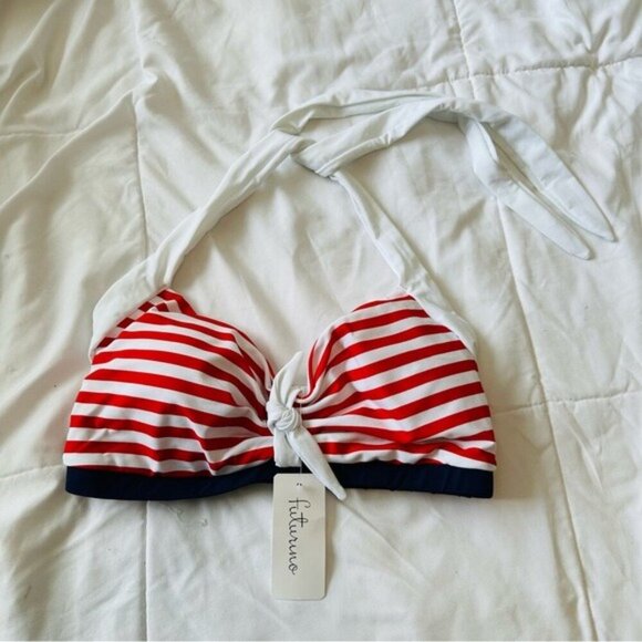 Futurino Red White Striped Bikini Top XL | Retro Halter Swim Top Pin-Up Style - Picture 2 of 7